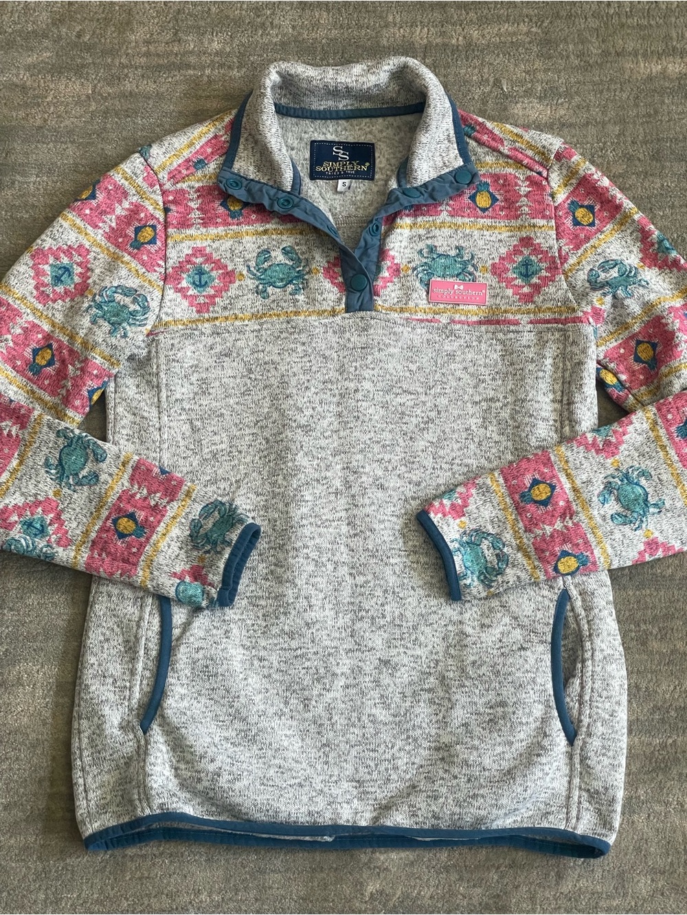 Simply Southern Coastal Crab Fair Isle Snap Pullover Fleece Small